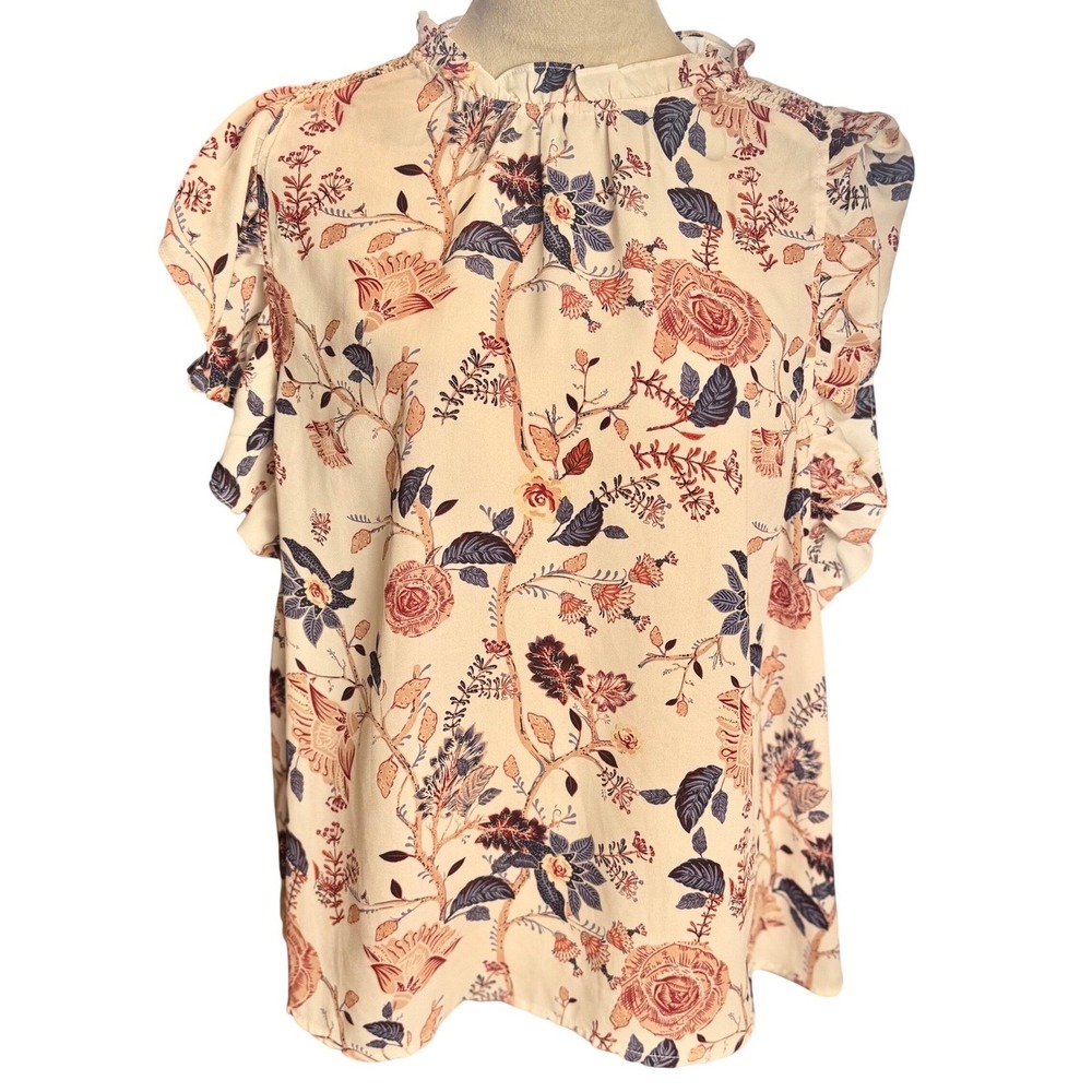 Joie Floral Ruffle Neck Flutter Sleeve Blouse Lightweight Trendy Top Large